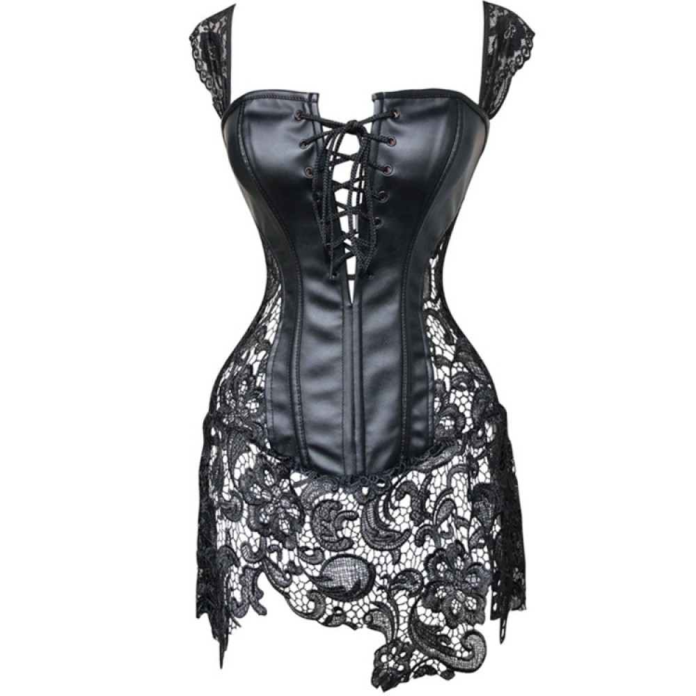 Women's Gothic Leather Backless Lace Steampunk Corsets Dress