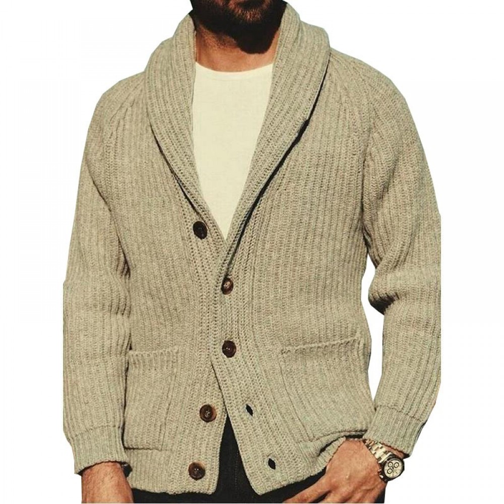 Men's Western Shawl Collar Button Up Ribbed Knitted Cardigan with Pockets