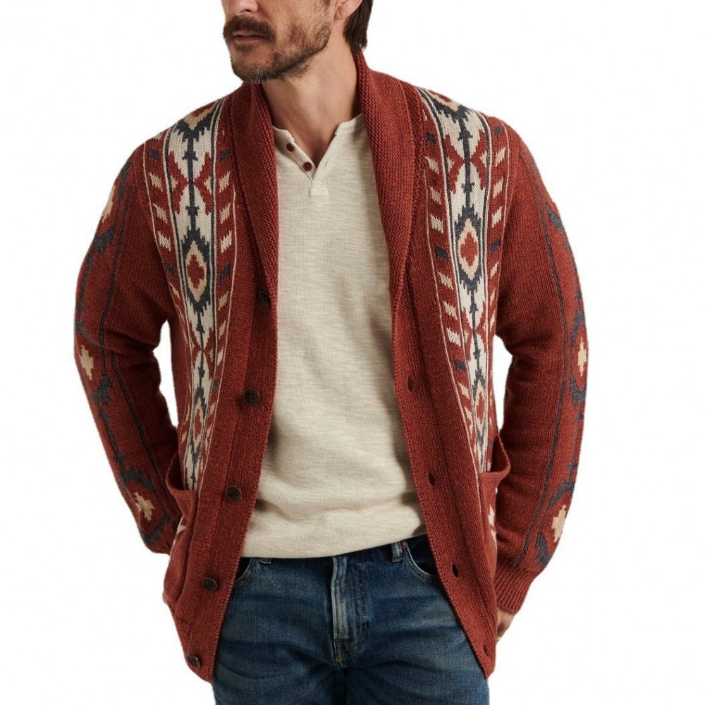 Men's Washed Southwestern Jacquad Shawl Collar Knitted Cardigan